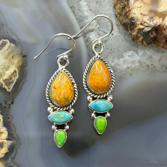 Sterling Silver Southwestern Style Multistone Dangle Earrings For Women #2 - Picture 1 of 10